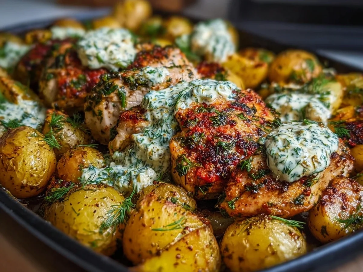 Spicy Yogurt Chicken Thighs with Feta Cream & Potatoes - Image 1