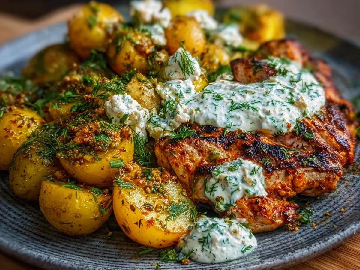 Spicy Yogurt Chicken Thighs with Feta Cream & Potatoes - Image 2