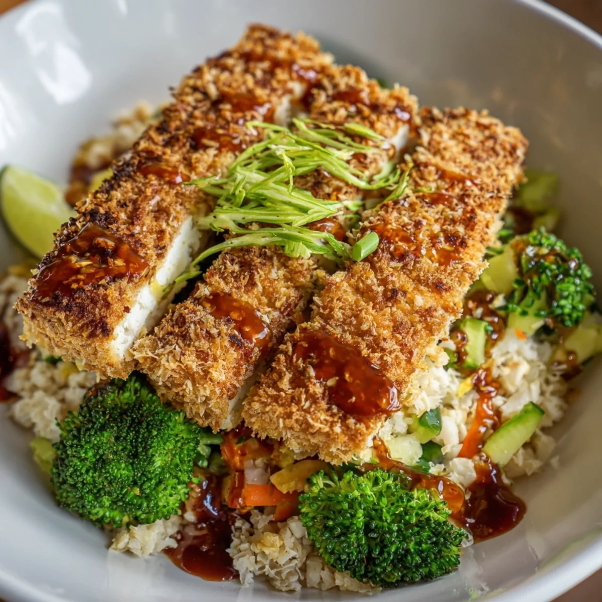 Crispy Coconut Crusted Tofu Bowl with Peanut Sauce