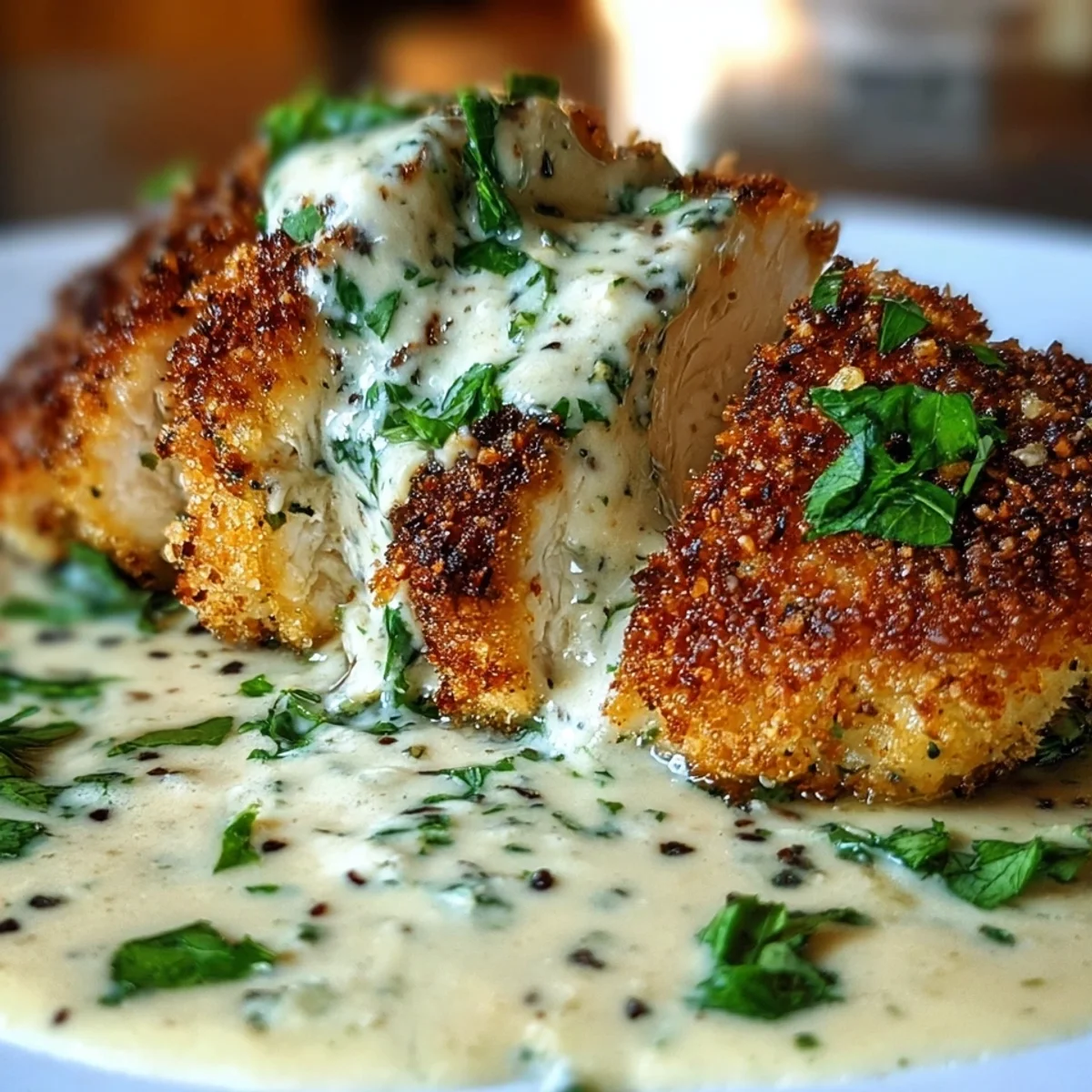 Parmesan Crusted Chicken with Creamy Garlic Sauce