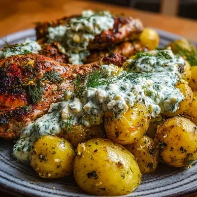 Spicy Yogurt Chicken Thighs with Feta Cream & Potatoes