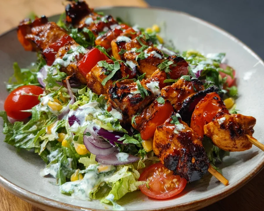 BBQ Chicken Skewer Salad with Creamy Ranch Dressing