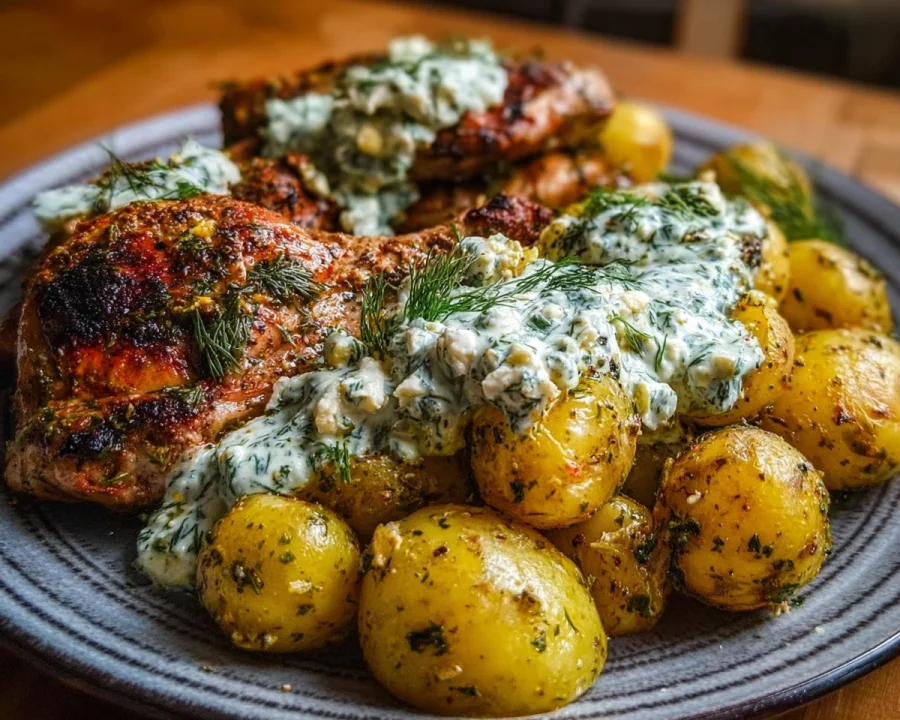 Spicy Yogurt Chicken Thighs with Feta Cream & Potatoes
